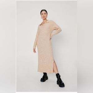 Ribbed knit polo maxi sweater dress
